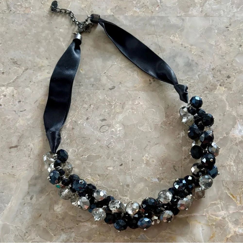 Vintage Ali-Khan New York Beaded Statement Necklace Black Crystal Ribbon
